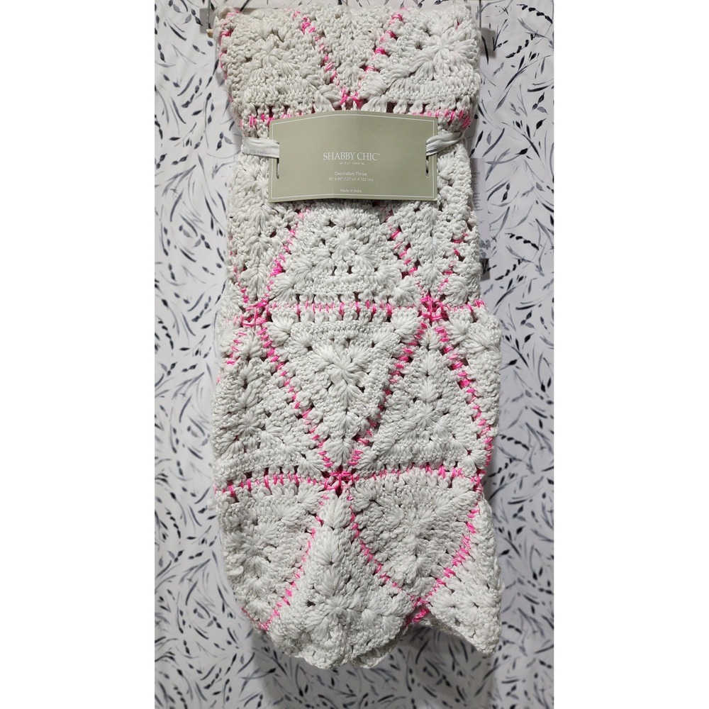 Shabby Chic Heavy Chunky Knit Throw Blanket 50x60 Cream Neon Pink Geometric New